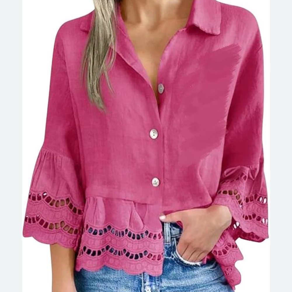 Pink Eyelet Trim Button-Up Bell Sleeve Shirt